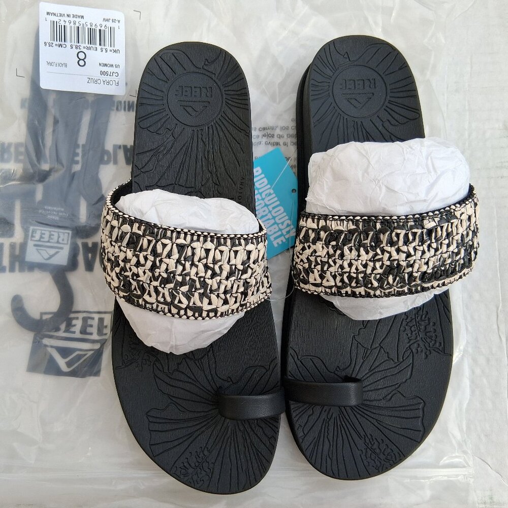 REEF CUSHION FLORA CRUZ Sandals Womens Size 8 Black Floral CJ7500
